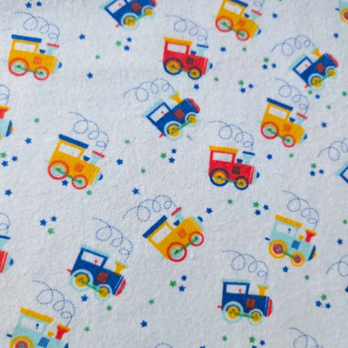 Train Print Cotton Flannel Fabric – Colorful Locomotive Design, OEKO - TEX