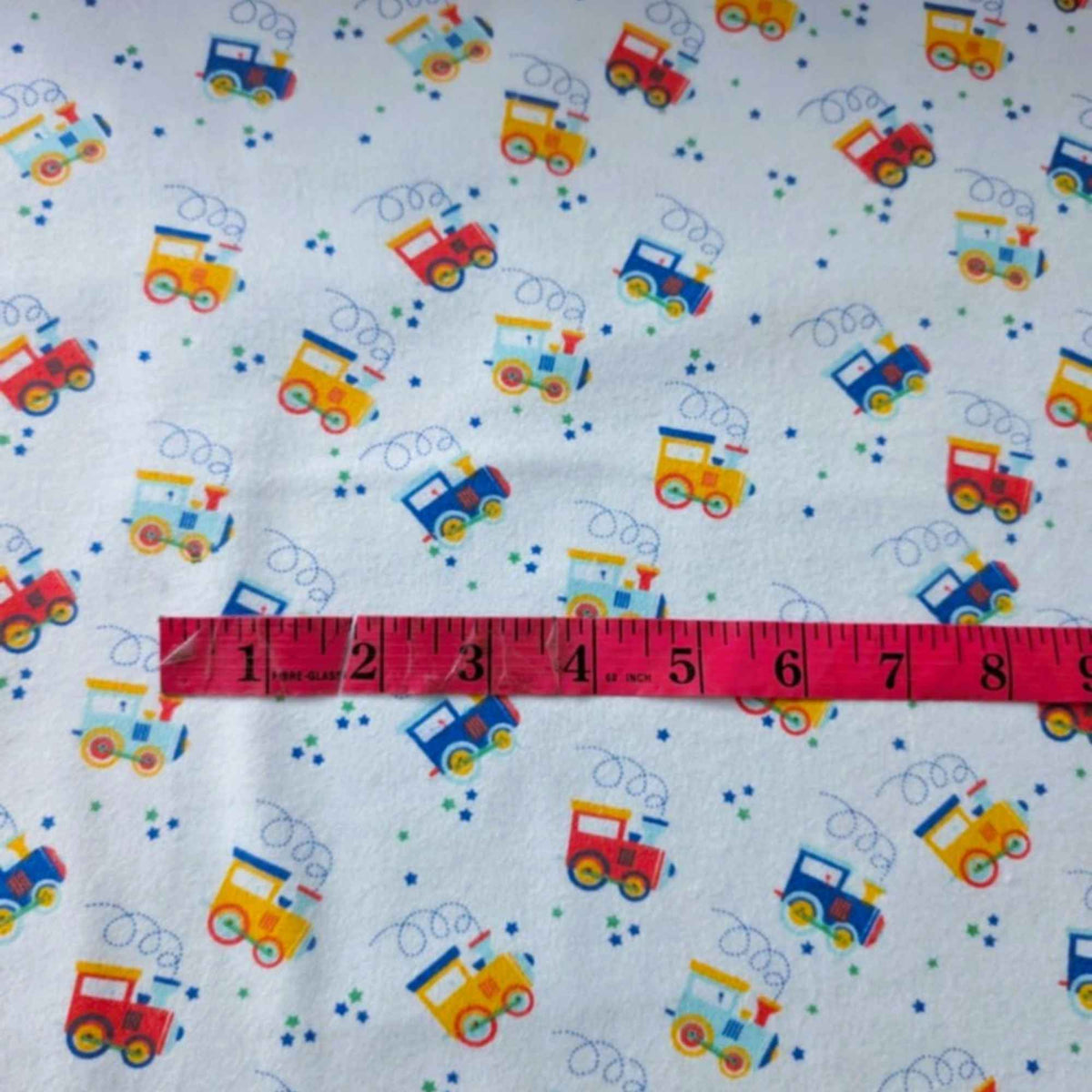 Train Print Cotton Flannel Fabric – Colorful Locomotive Design, OEKO - TEX