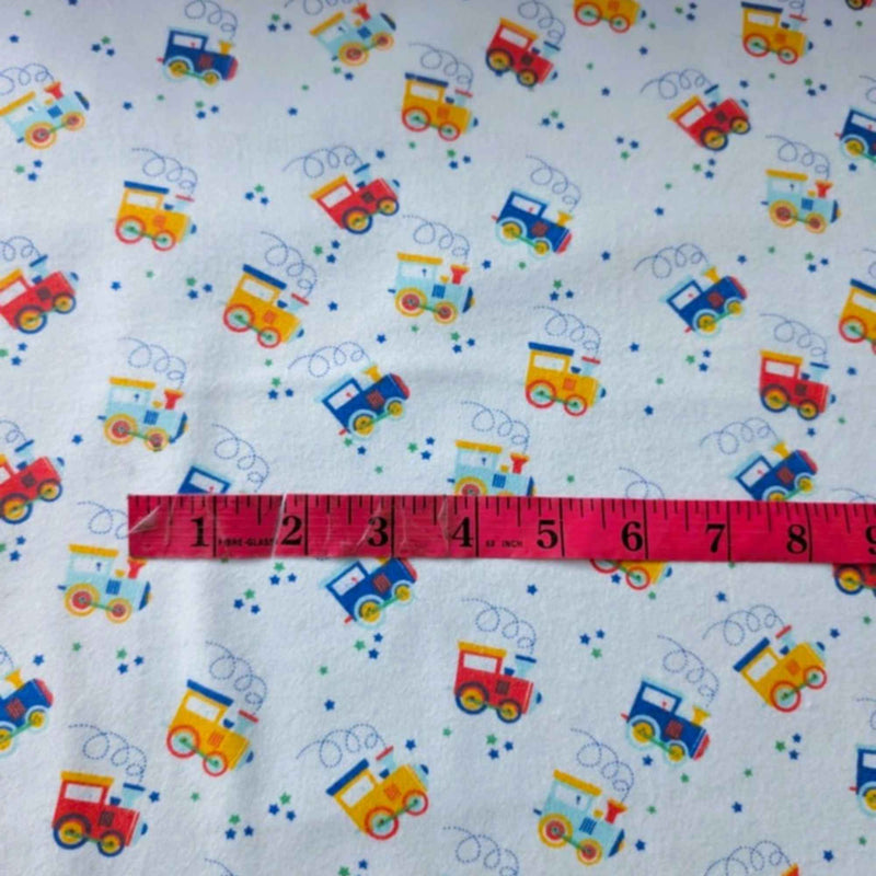 Train Print Cotton Flannel Fabric – Colorful Locomotive Design, OEKO - TEX