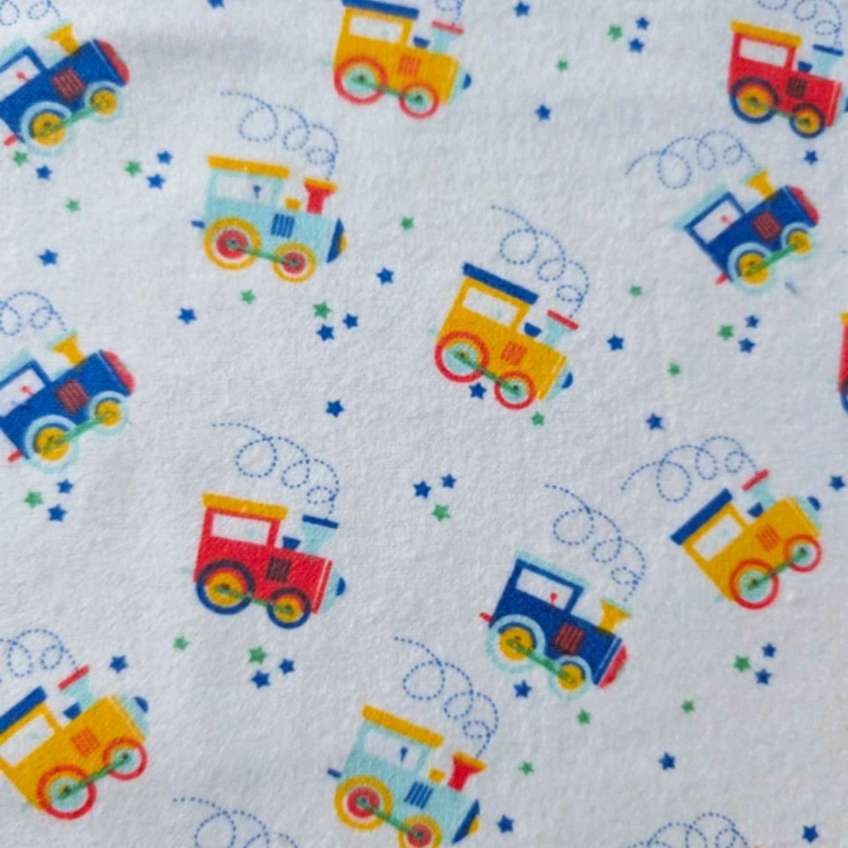 Train Print Cotton Flannel Fabric – Colorful Locomotive Design, OEKO - TEX
