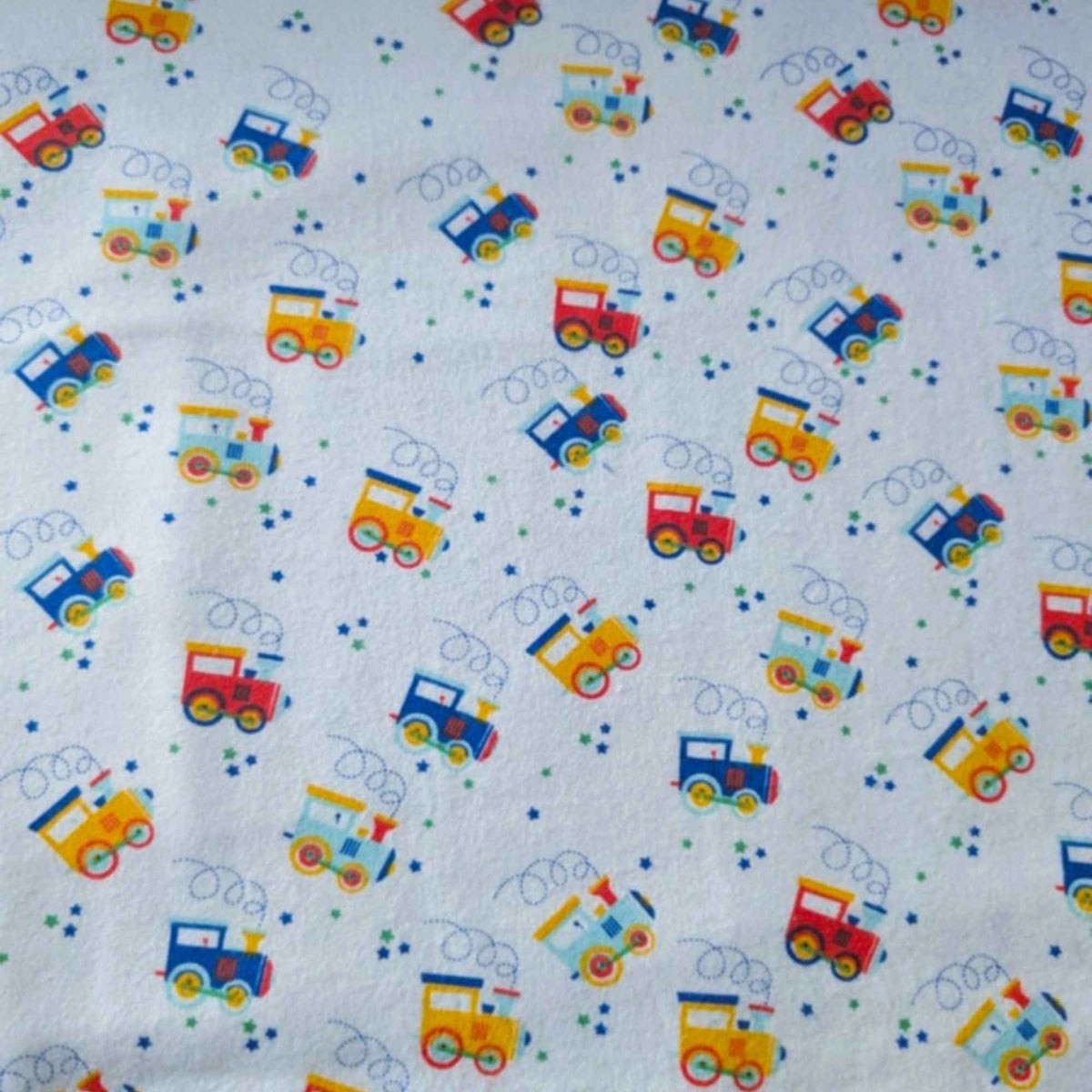 Train Print Cotton Flannel Fabric – Colorful Locomotive Design, OEKO - TEX