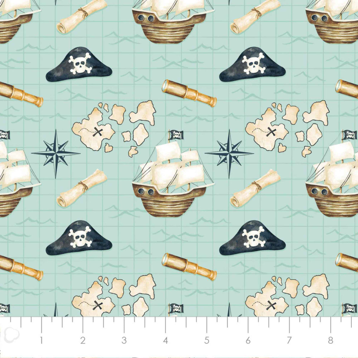 Treasure Map Aqua Cotton Flannel – Pirate Ships & Maps