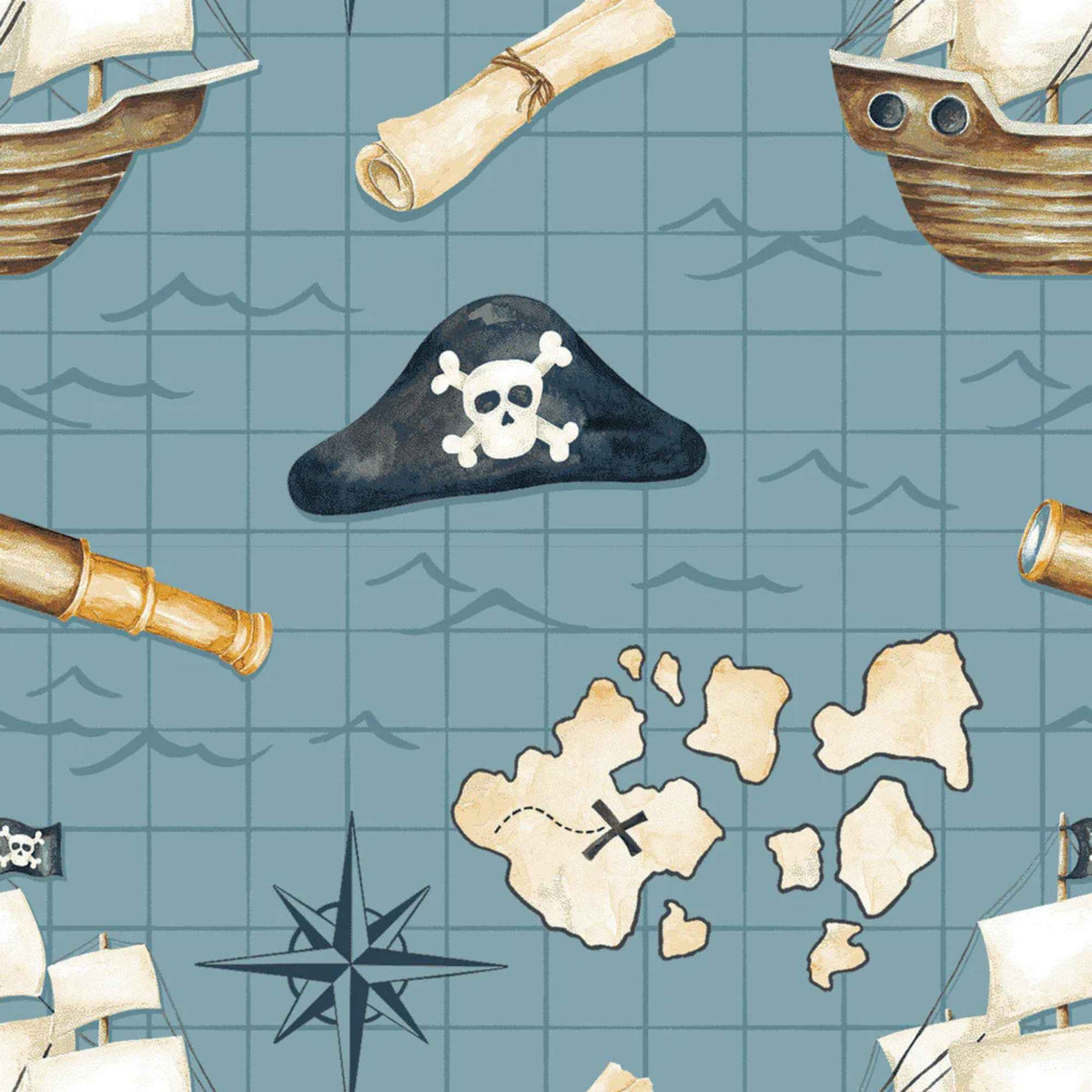 Treasure Map Blue Cotton Flannel – Pirate Ships & Maps