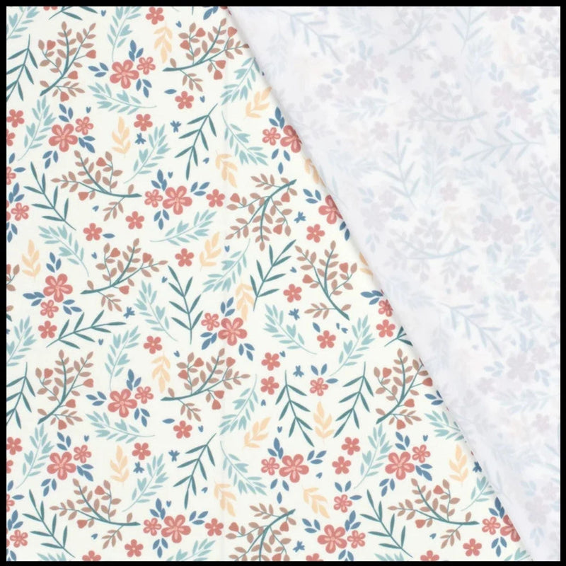 Vintage-inspired floral print swim fabric with soft red, peach, and blue flowers on white – Oeko-Tex certified stretch knit for swimwear and activewear