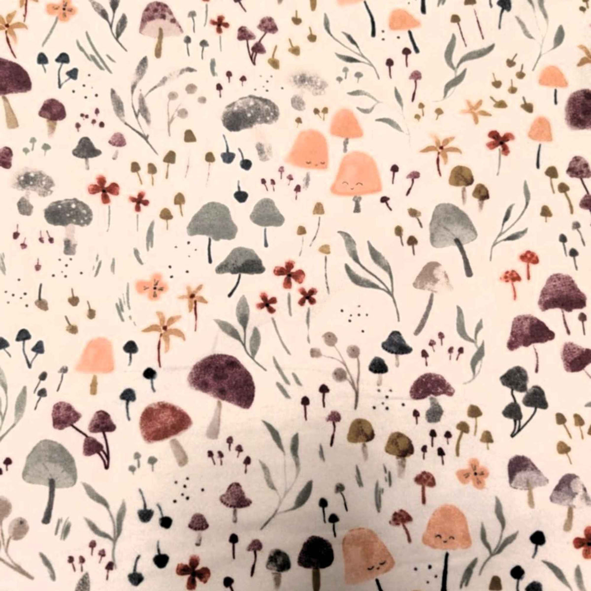 Whimsical Mushrooms & Flowers on Cream Cotton Flannel – Brushed Soft Oeko - Tex Standard 100