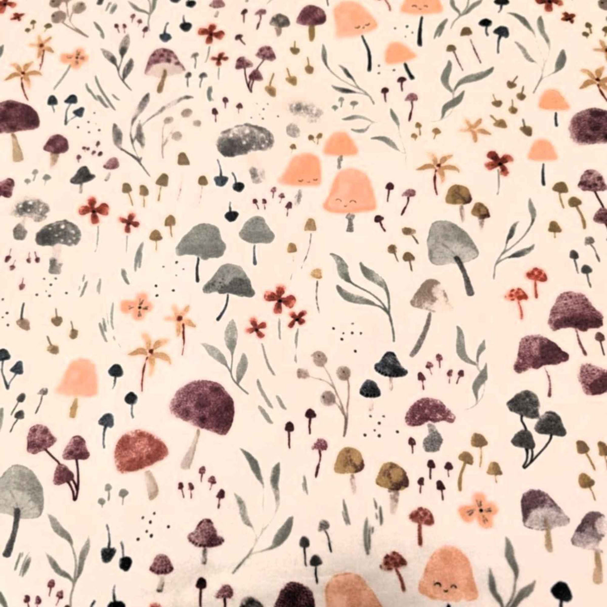 Whimsical Mushrooms & Flowers on Cream Cotton Flannel – Brushed Soft Oeko - Tex Standard 100