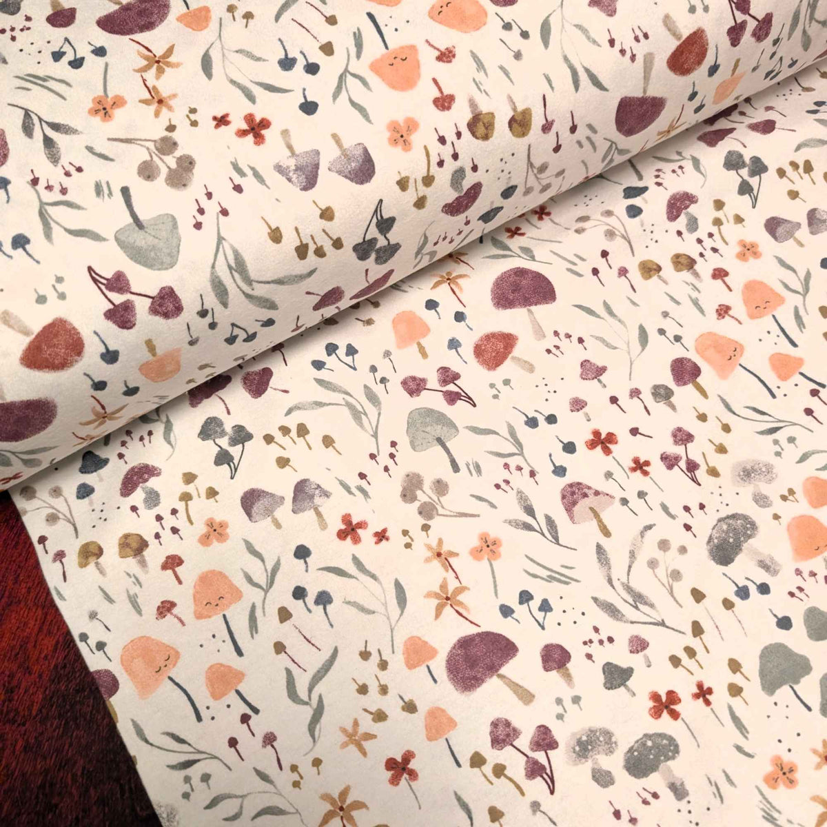 Whimsical Mushrooms & Flowers on Cream Cotton Flannel – Brushed Soft Oeko - Tex Standard 100