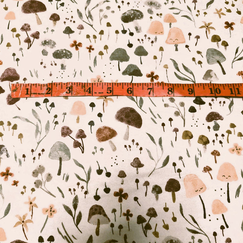Whimsical Mushrooms & Flowers on Cream Cotton Flannel – Brushed Soft Oeko - Tex Standard 100