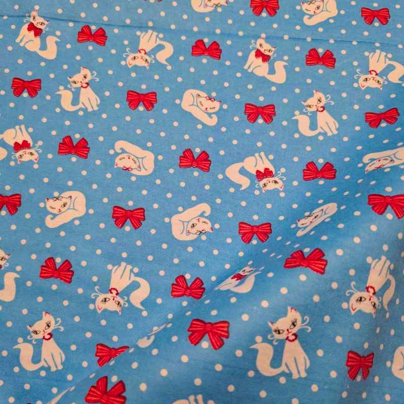 White Cat FLANNEL, Red Bows on blue