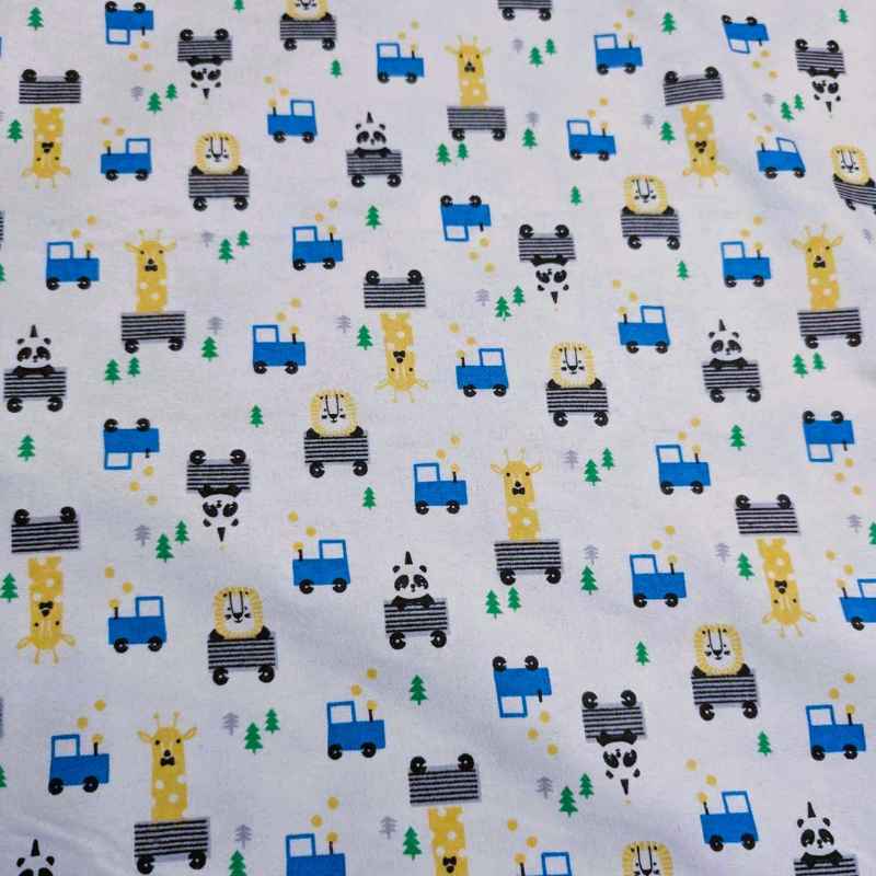 Wild Animal FLANNEL, Black, Blue and Yellow on White