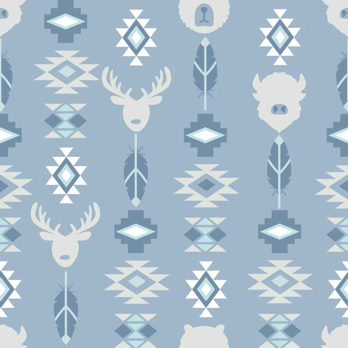 Wildlife Totem Blue Cotton Flannel Fabric – Tribal Animal Print – 100% Brushed Cotton