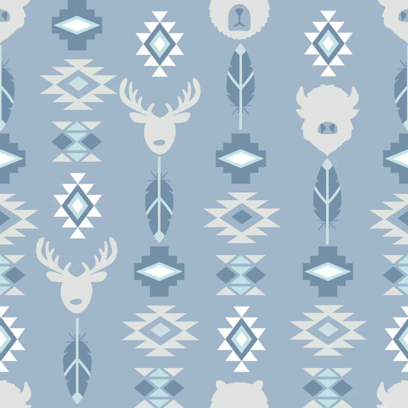 Wildlife Totem Blue Cotton Flannel Fabric – Tribal Animal Print – 100% Brushed Cotton