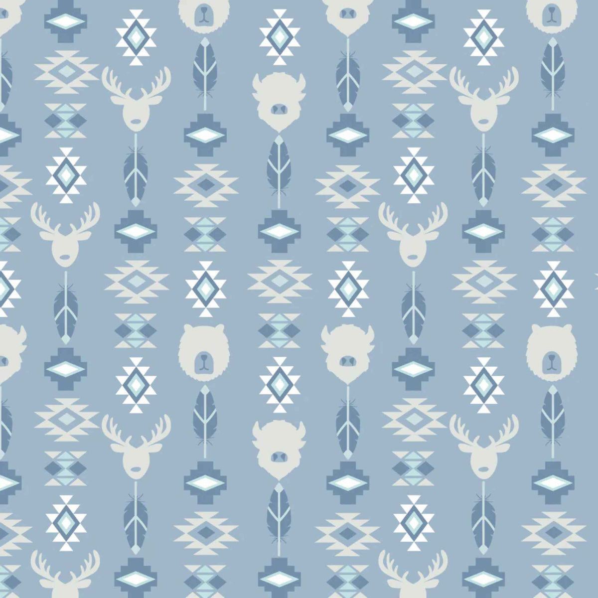 Wildlife Totem Blue Cotton Flannel Fabric – Tribal Animal Print – 100% Brushed Cotton