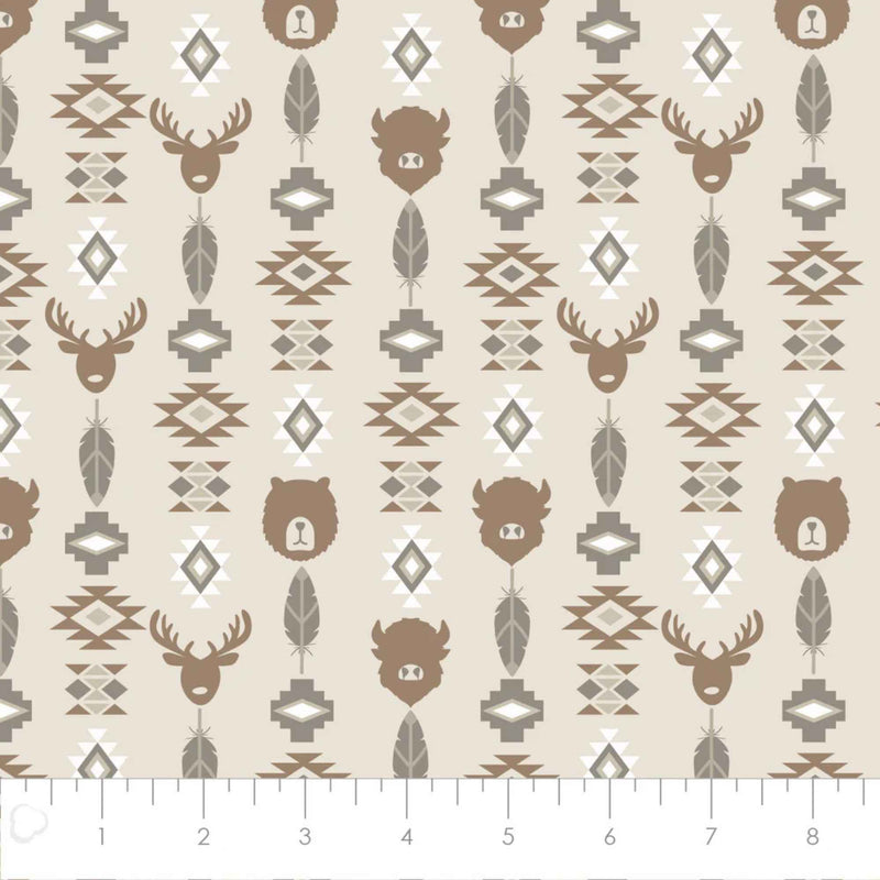 Wildlife Totem Tan Cotton Flannel Fabric | Rustic Animal Print