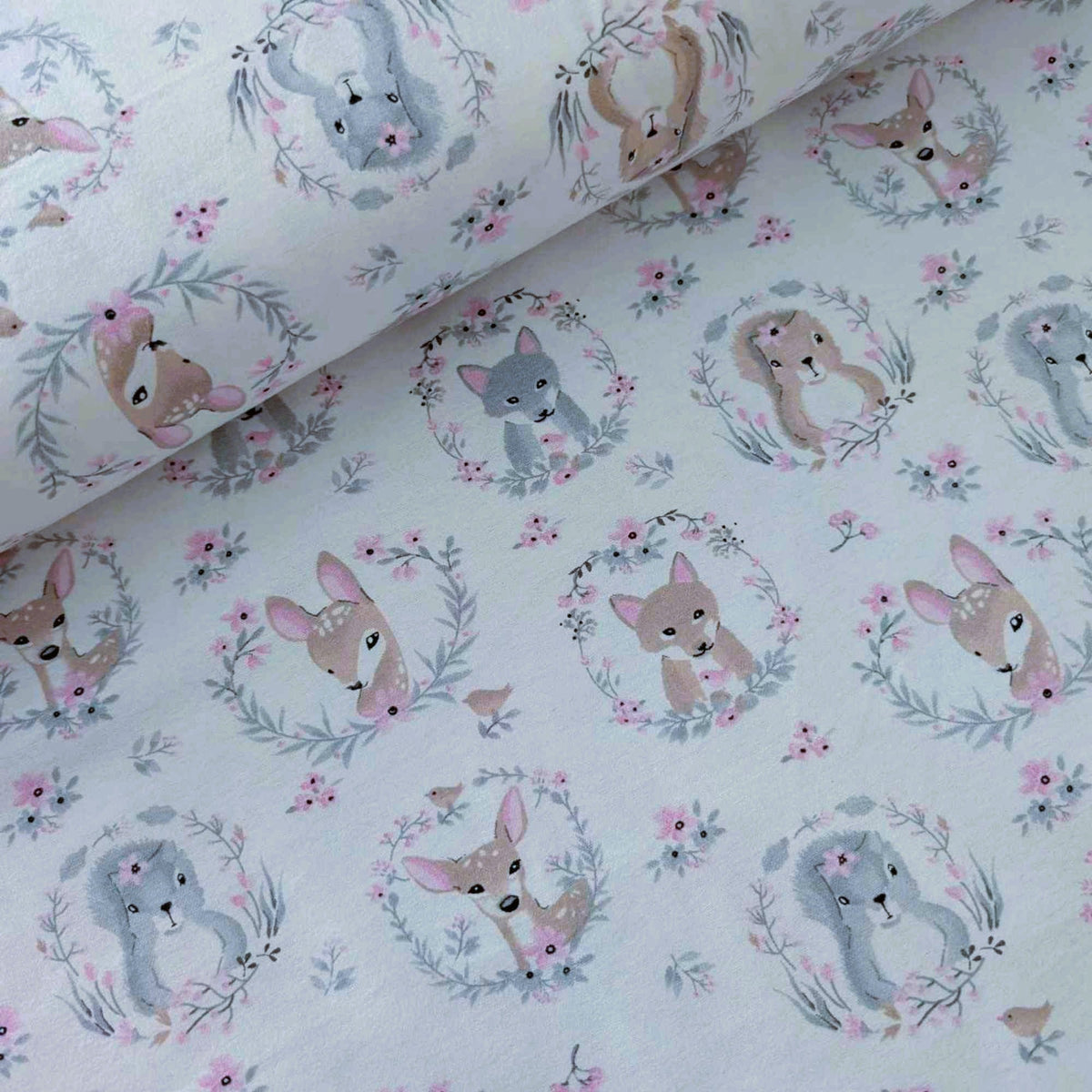Woodland Baby Animals Cotton Flannel – Fawns, Squirrels & Florals on White
