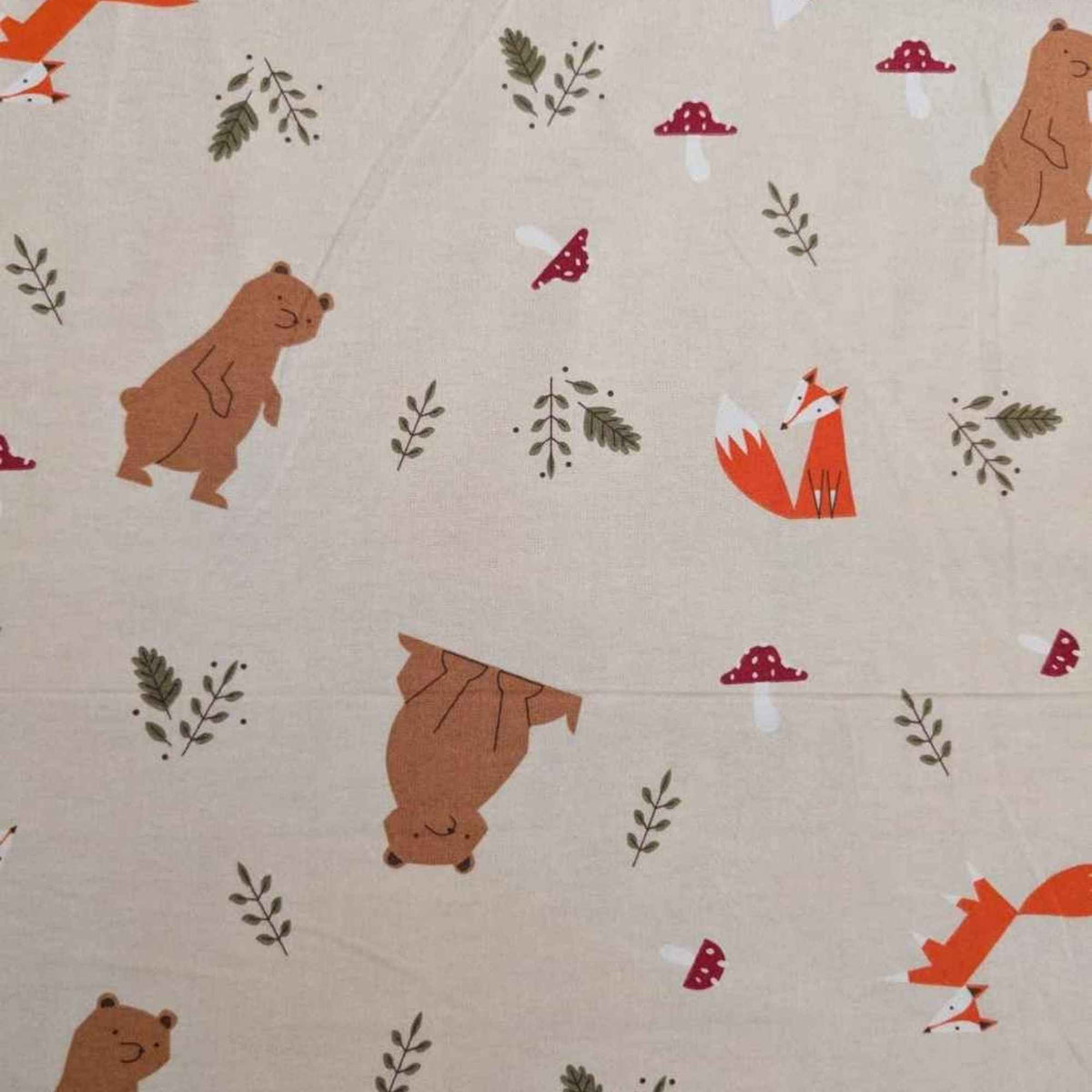 Woodland Bears and Foxes Cotton Flannel – Cozy Beige Forest Print