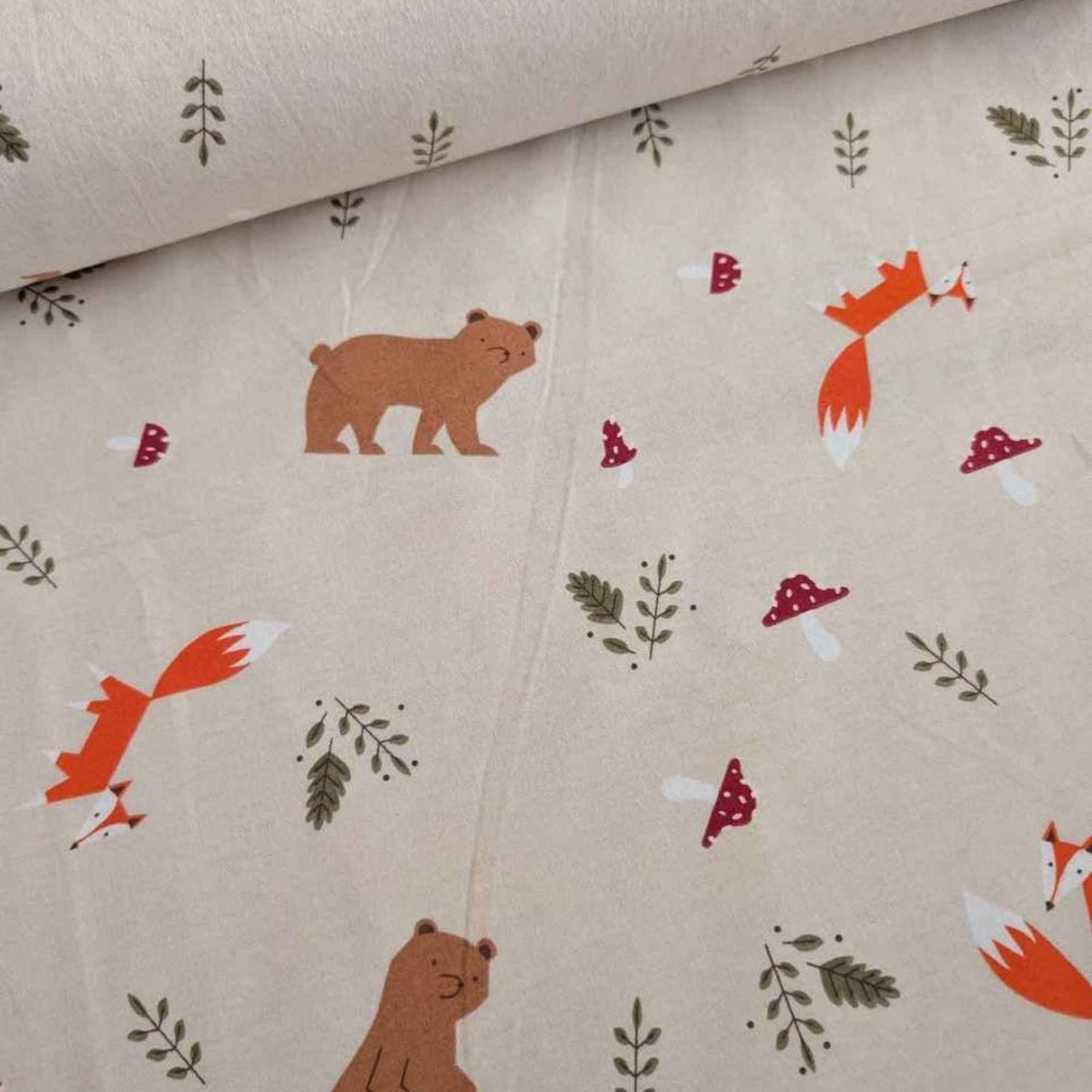 Woodland Bears and Foxes Cotton Flannel – Cozy Beige Forest Print