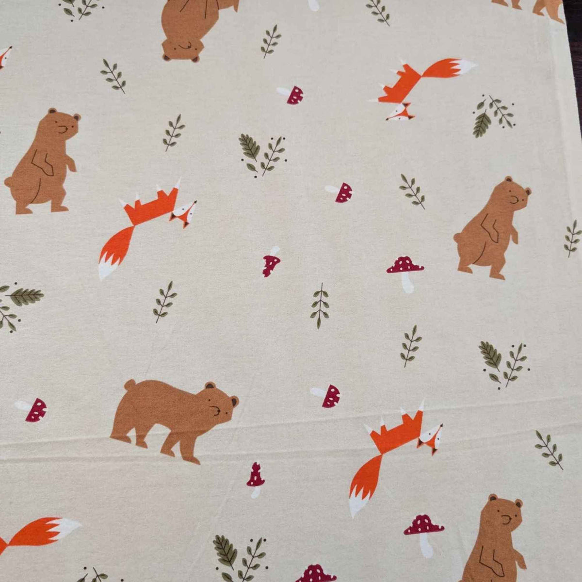 Woodland Bears and Foxes Cotton Flannel – Cozy Beige Forest Print