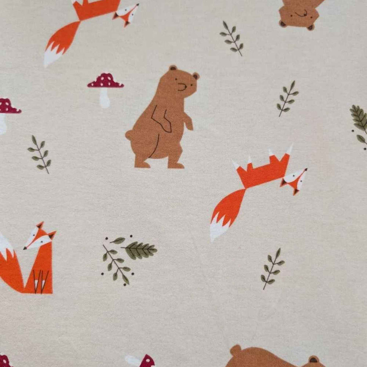 Woodland Bears and Foxes Cotton Flannel – Cozy Beige Forest Print