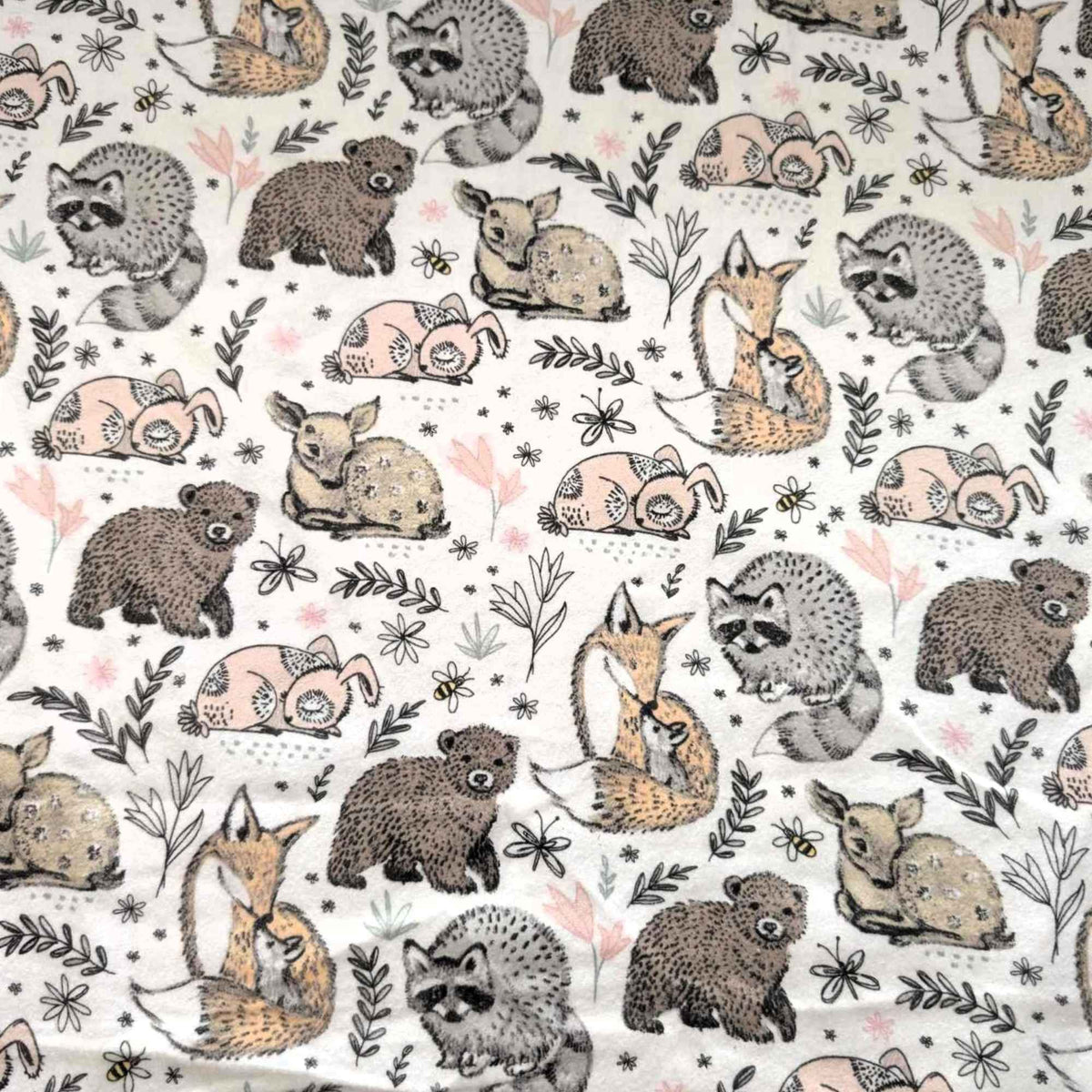 Woodland Hugs Cotton Flannel – Fox, Raccoon, Bear, Bunny, and Deer on Cream