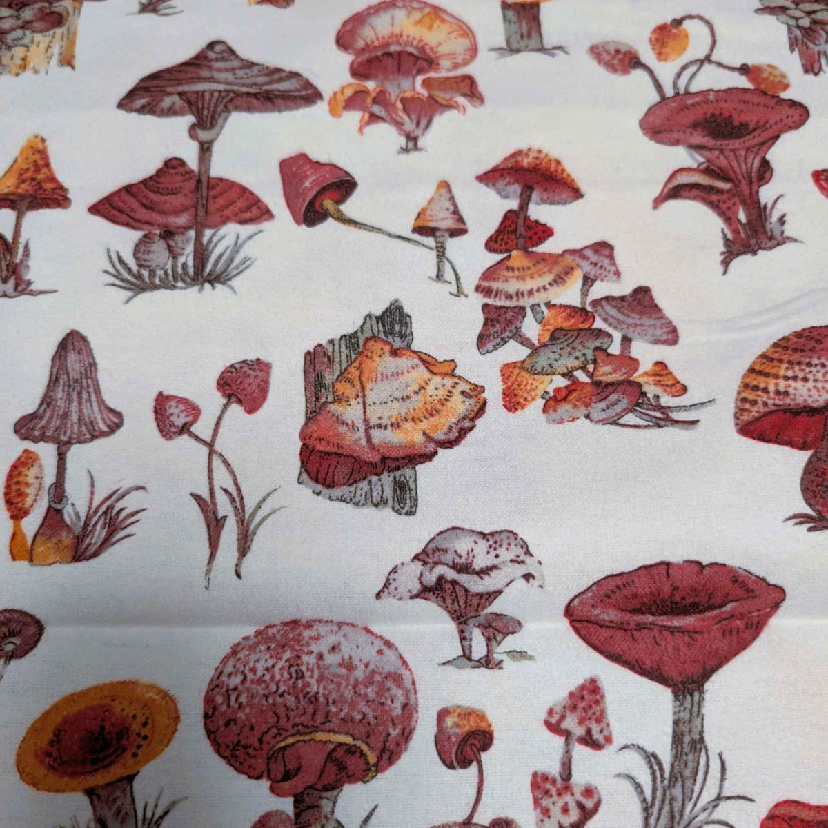 Woodland Mushrooms on Cream Cotton Flannel – Brushed Soft Oeko - Tex Standard 100