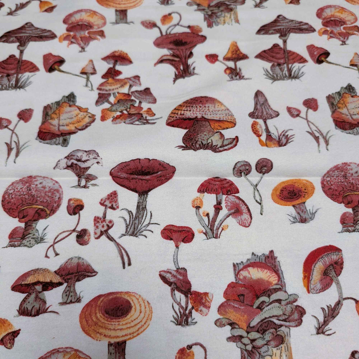 Woodland Mushrooms on Cream Cotton Flannel – Brushed Soft Oeko - Tex Standard 100