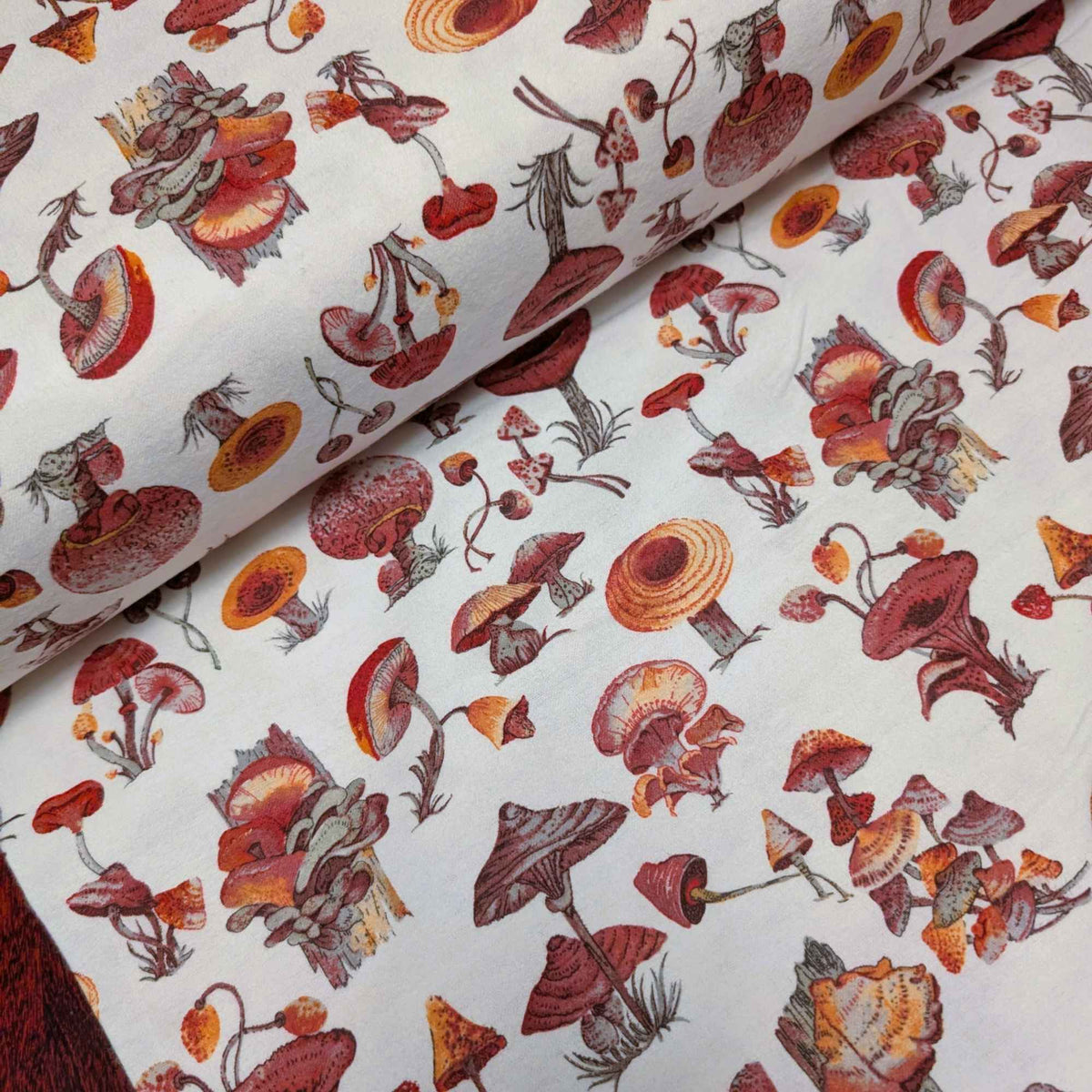 Woodland Mushrooms on Cream Cotton Flannel – Brushed Soft Oeko - Tex Standard 100