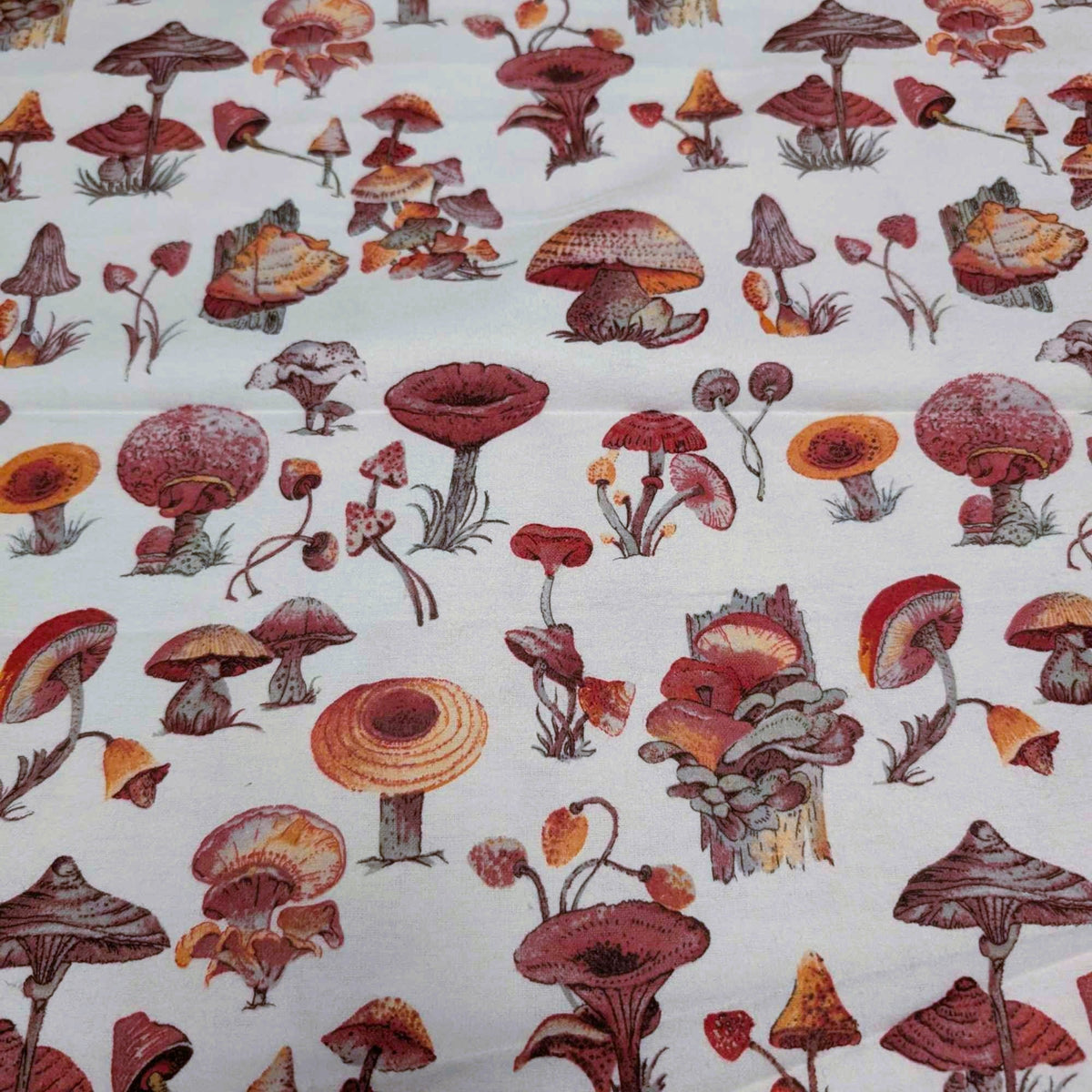 Woodland Mushrooms on Cream Cotton Flannel – Brushed Soft Oeko - Tex Standard 100