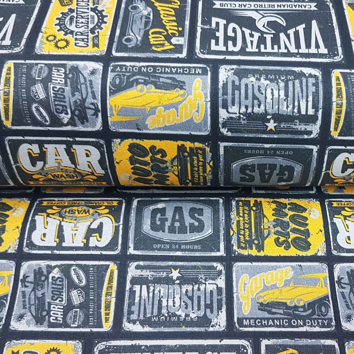 Yellow Retro Car Signs Quilting Cotton Fabric