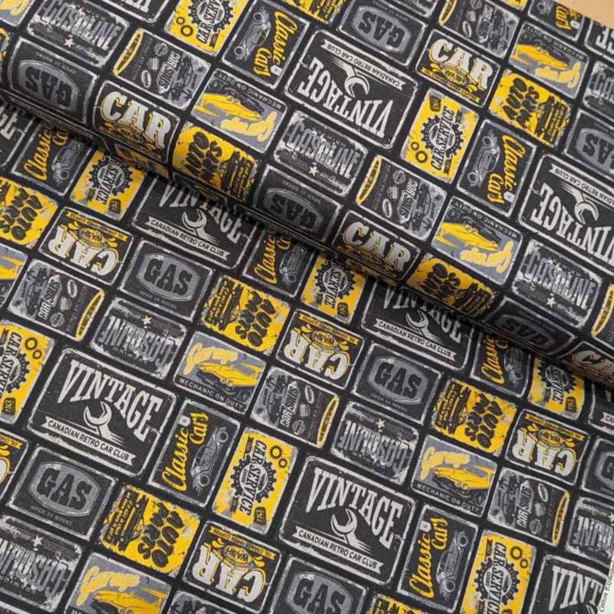 Yellow Retro Car Signs Quilting Cotton Fabric