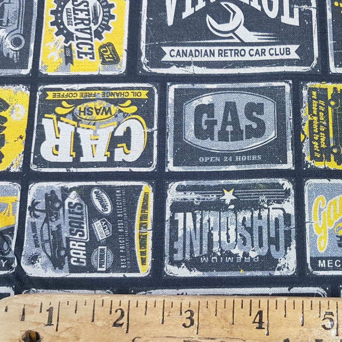 Yellow Retro Car Signs Quilting Cotton Fabric