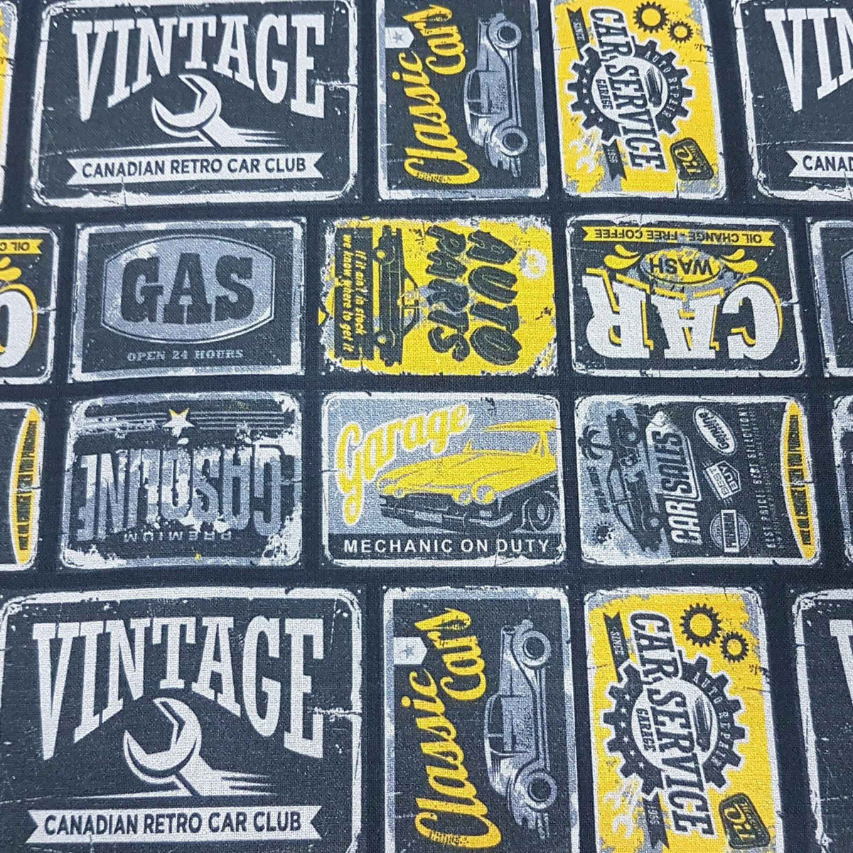 Yellow Retro Car Signs Quilting Cotton Fabric