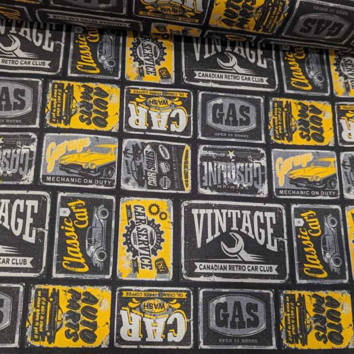 Yellow Retro Car Signs Quilting Cotton Fabric