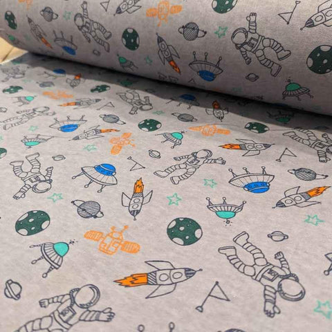 Astronaut FLANNEL on Grey flannel fabric - Fabric Design Treasures