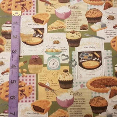 Baked Goods Fabric with Recipes in Green 100% Cotton Fabric