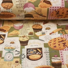Baked Goods Fabric with Recipes in Green 100% Cotton Fabric