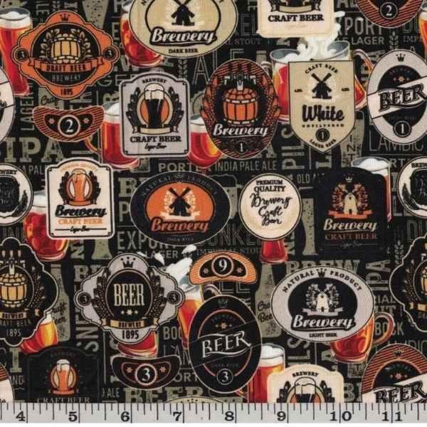 Beer Label Fabric in Amber, Black and Blue, Premium Cotton