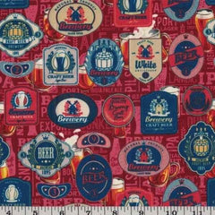 Beer Label Fabric in Amber, Black and Blue, Premium Cotton