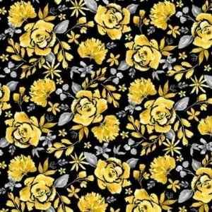Black Yellow Floral quilting Cotton Fabric Misty Morning - Fabric Design Treasures
