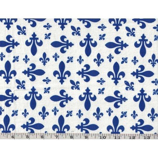 Blue Fleur-de-Lys Cotton Fabric on White