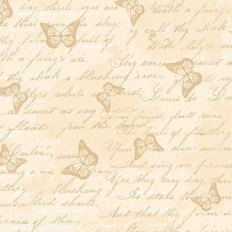 Butterfly, Antique Butterfly Text in Cream | Fabric Design Treasures
