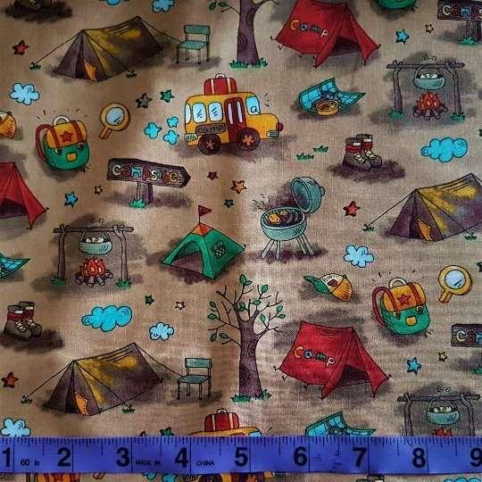 Camping Fabric Campsite with Tents on Brown Background
