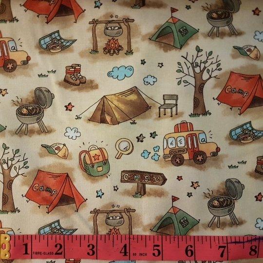 Camping Fabric Campsite with Tents on Cream Background