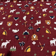 Canadian Wilderness and Sports Flannel Fabric on Burgundy - Fabric Design Treasures