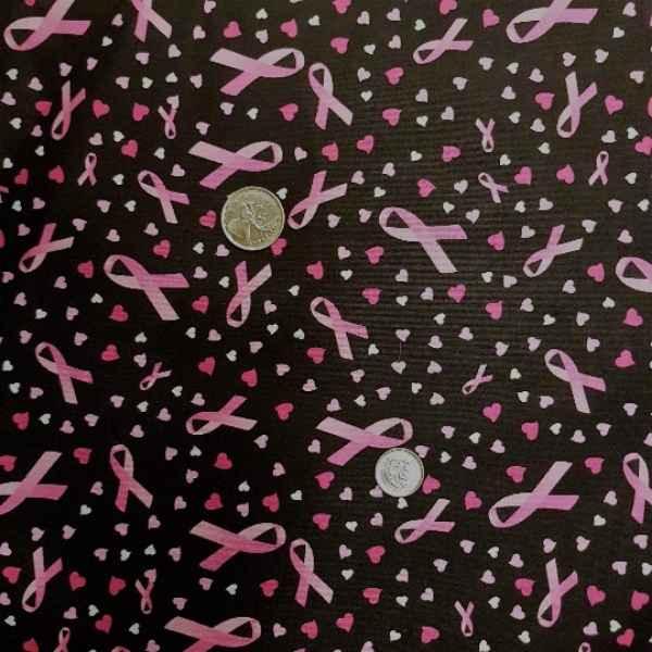 Cancer Awareness Fabric, Pink Ribbon Hearts Cotton Fabric