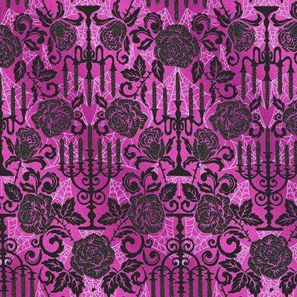 Candlestick and Roses Fabric on Purple, Glitter Fabric