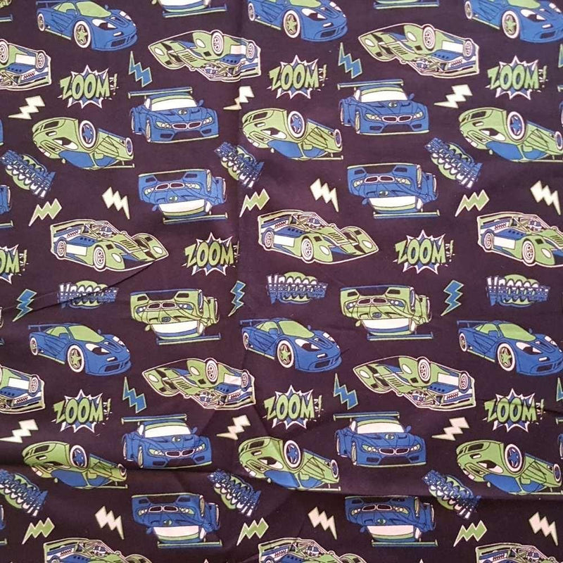 Car FLANNEL Fabric Blue and Green Racing Cars with Zoom Text