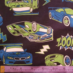 Car FLANNEL Fabric Blue and Green Racing Cars with Zoom Text
