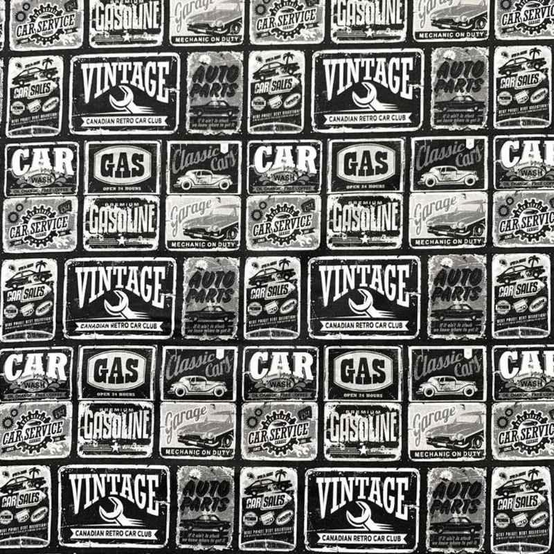 Car, Gas, Black Gray Retro Car Signs Fabric