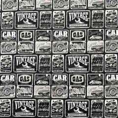 Car, Gas, Black Gray Retro Car Signs Fabric